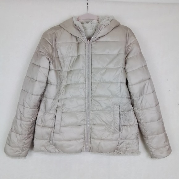 NY&Co Reversable Faux Fur Packable Down Coat Size Medium in Soft Beige - Picture 3 of 16